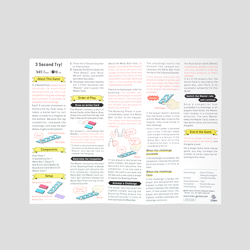 Rules booklet of 3 Second Try board game