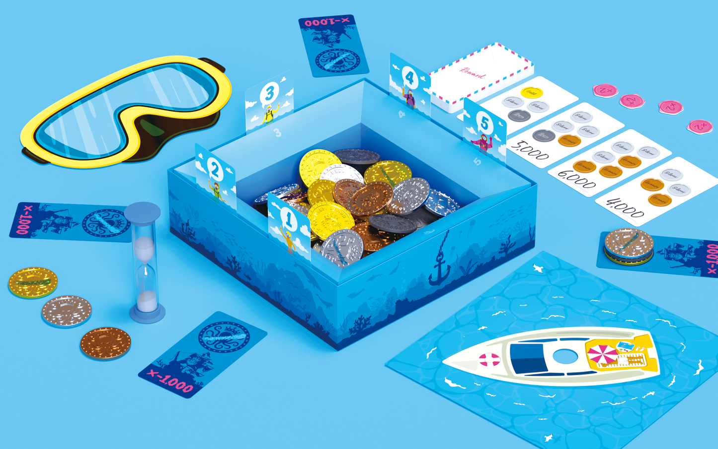 All Diver Go! components including treasure coins, King Octo markers, and collector board.