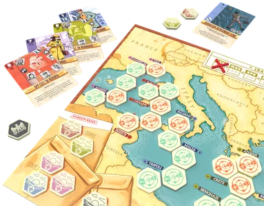 Players bluffing, betting, and uncovering secrets in Operation Barclay, the WWII intelligence card game.