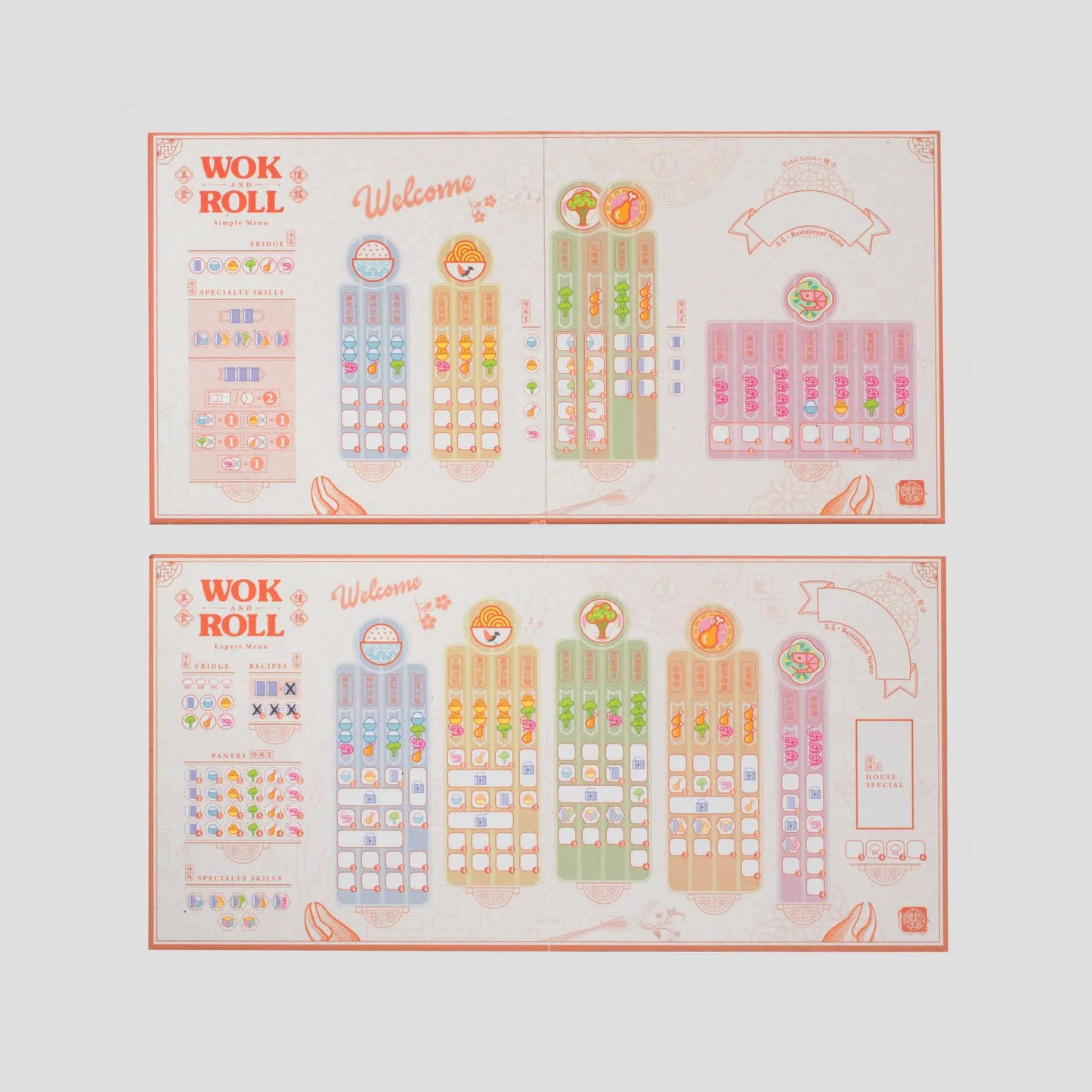 Rules and scoring board from Wok and Roll