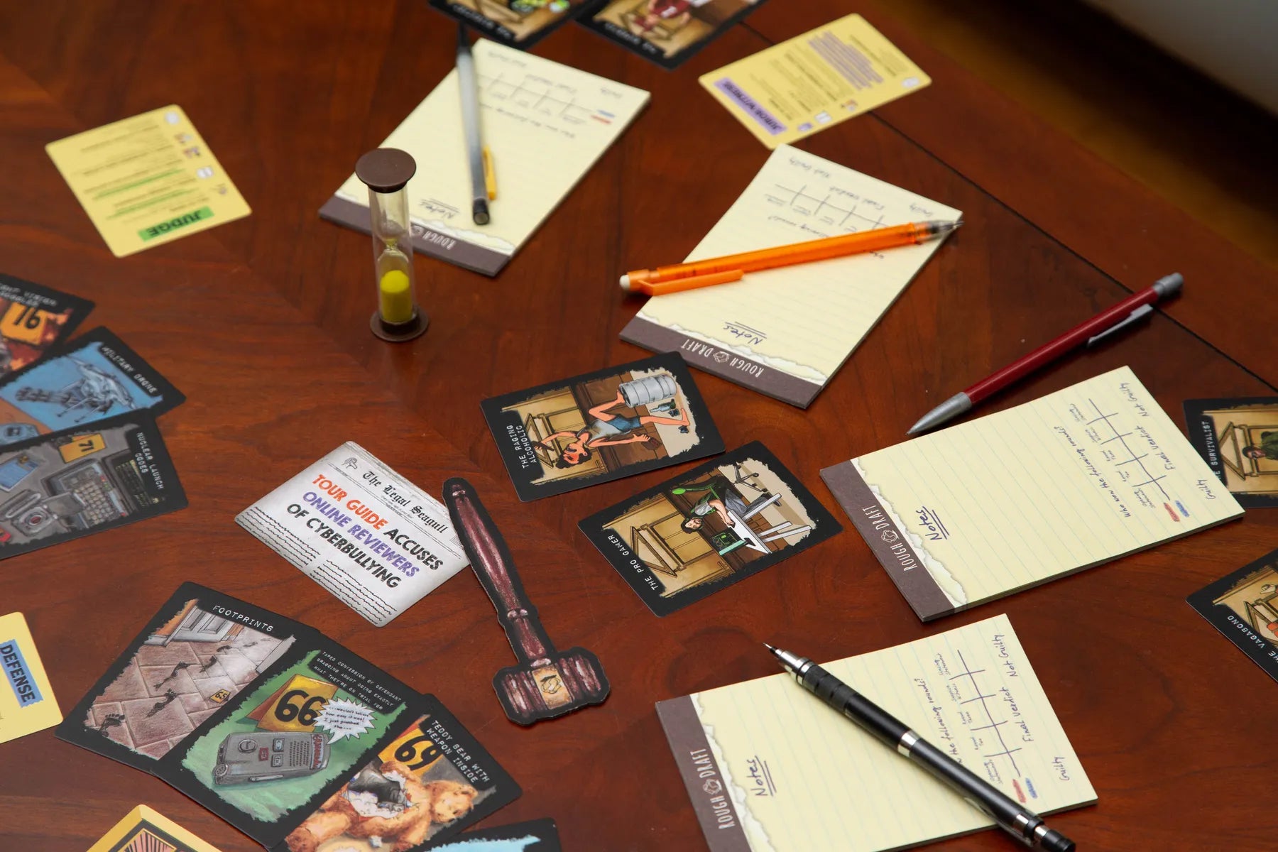 All All Rise components including decks of Evidence, Case, and Surprise Witness cards.