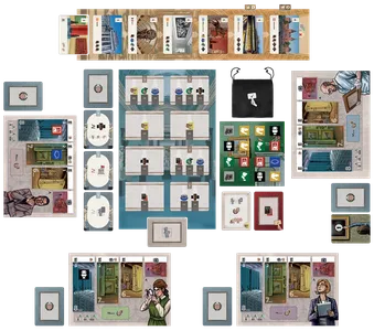 All components of Antiques, including art cards, museum boards, dice, curator markers, and exhibition tiles.