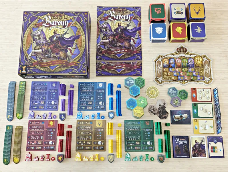All Barony: Royal Edition – Deluxe FR-EN components including modular map, wooden tokens, and expansion content.