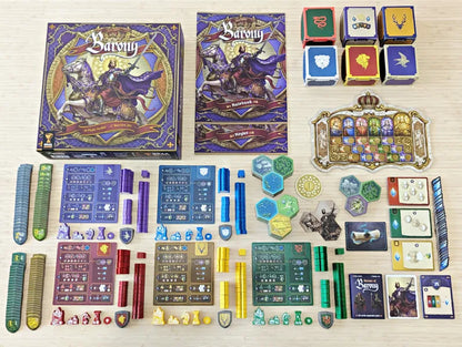 All Barony: Royal Edition – Deluxe FR-EN components including modular map, wooden tokens, and expansion content.