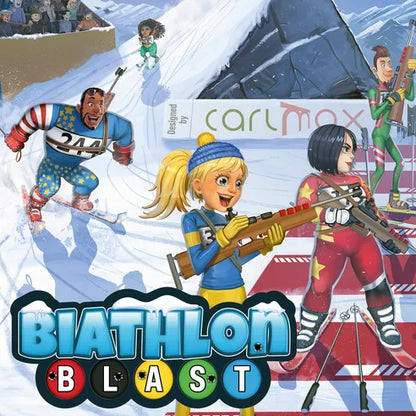 Front cover of Biathlon Blast, featuring action-packed skiing and shooting artwork.