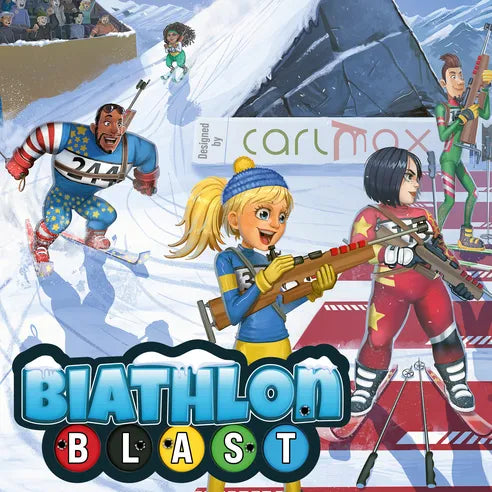 Front cover of Biathlon Blast, featuring action-packed skiing and shooting artwork.