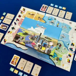 All components of Big Shot, including cubes, money tokens, dice, loans, and property boards.