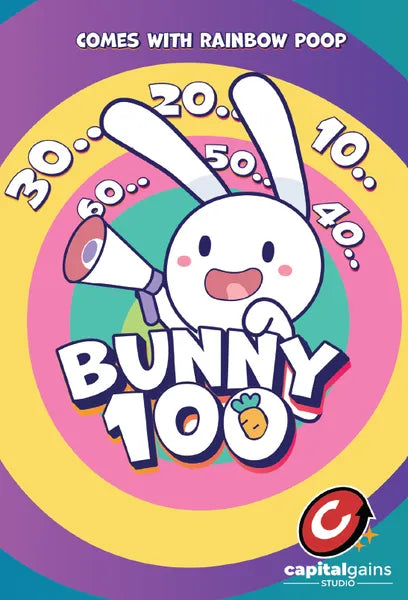 Front cover of Bunny 100 by Capital Gains Studio, featuring colorful cartoon bunnies.