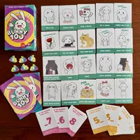 All components of Bunny 100, including cards and rainbow poop tokens.