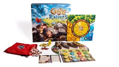 All components of Castle Raisers, including castle tiles, village tokens, fortification markers, and wolf meeples.