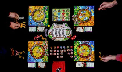 Castle Raisers arranged for play with tiles and tokens ready for castle building.