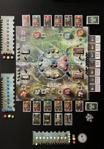 All components of Celtae, including worker tokens, citadel discs, leader cards, progress markers, and rondel board.