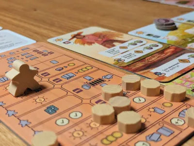 Countryside board game components – area cards, tokens and game materials