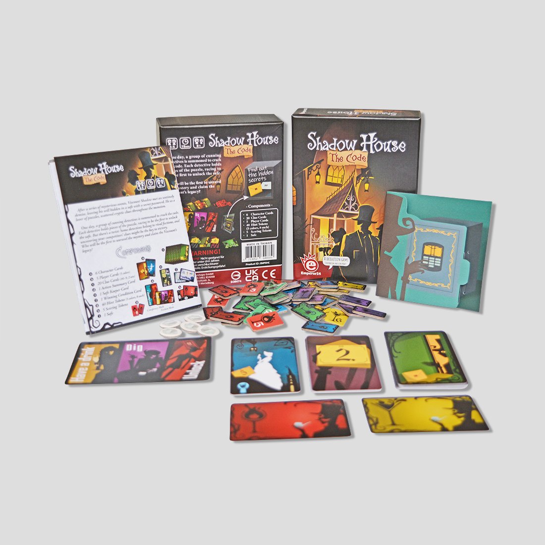 Shadow House: The Code game items including clue cards and tokens