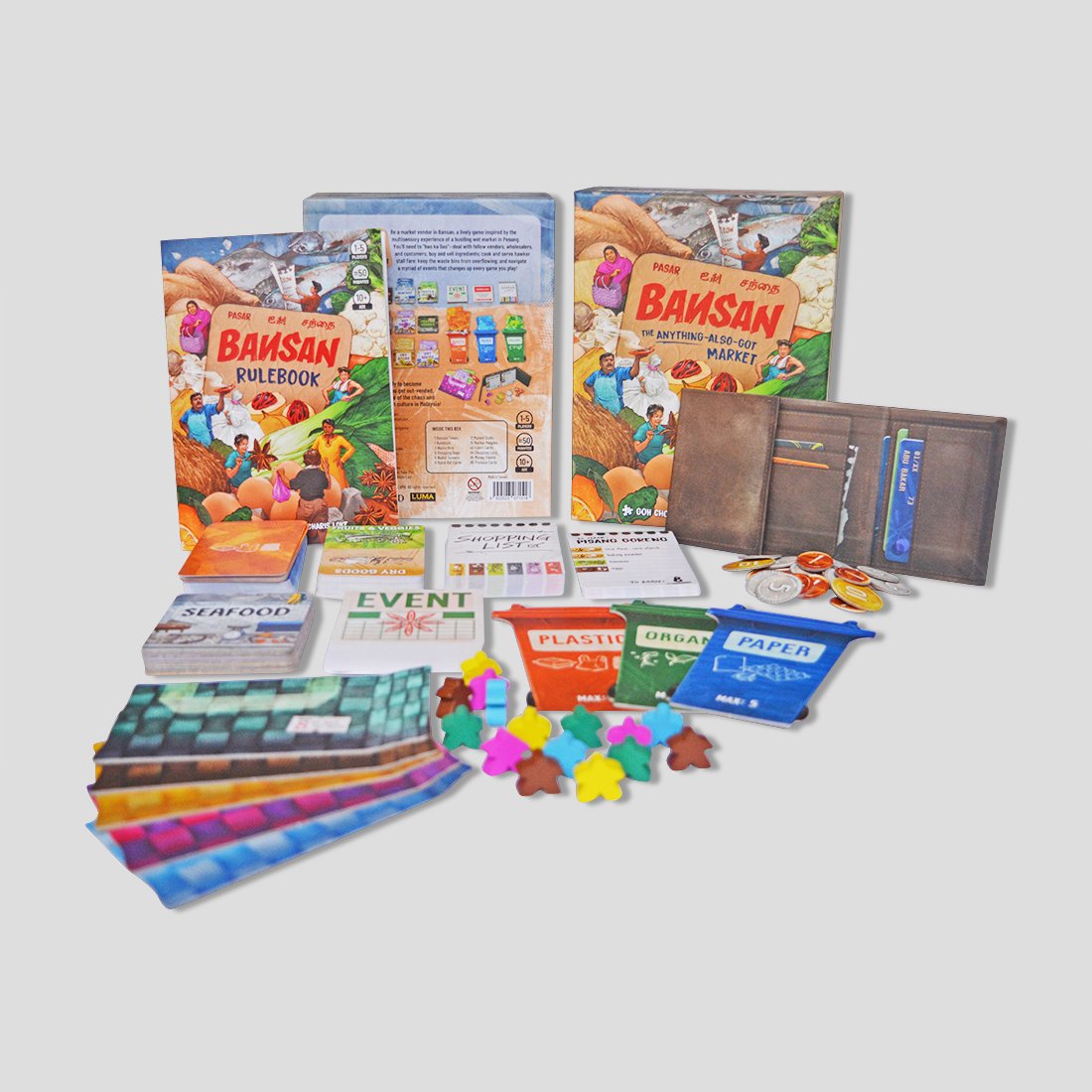 Ingredient cards, tokens, and stalls shown