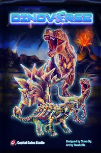 Front cover of Dinoverse board game by Capital Gains Studio featuring dinosaurs in a prehistoric landscape.