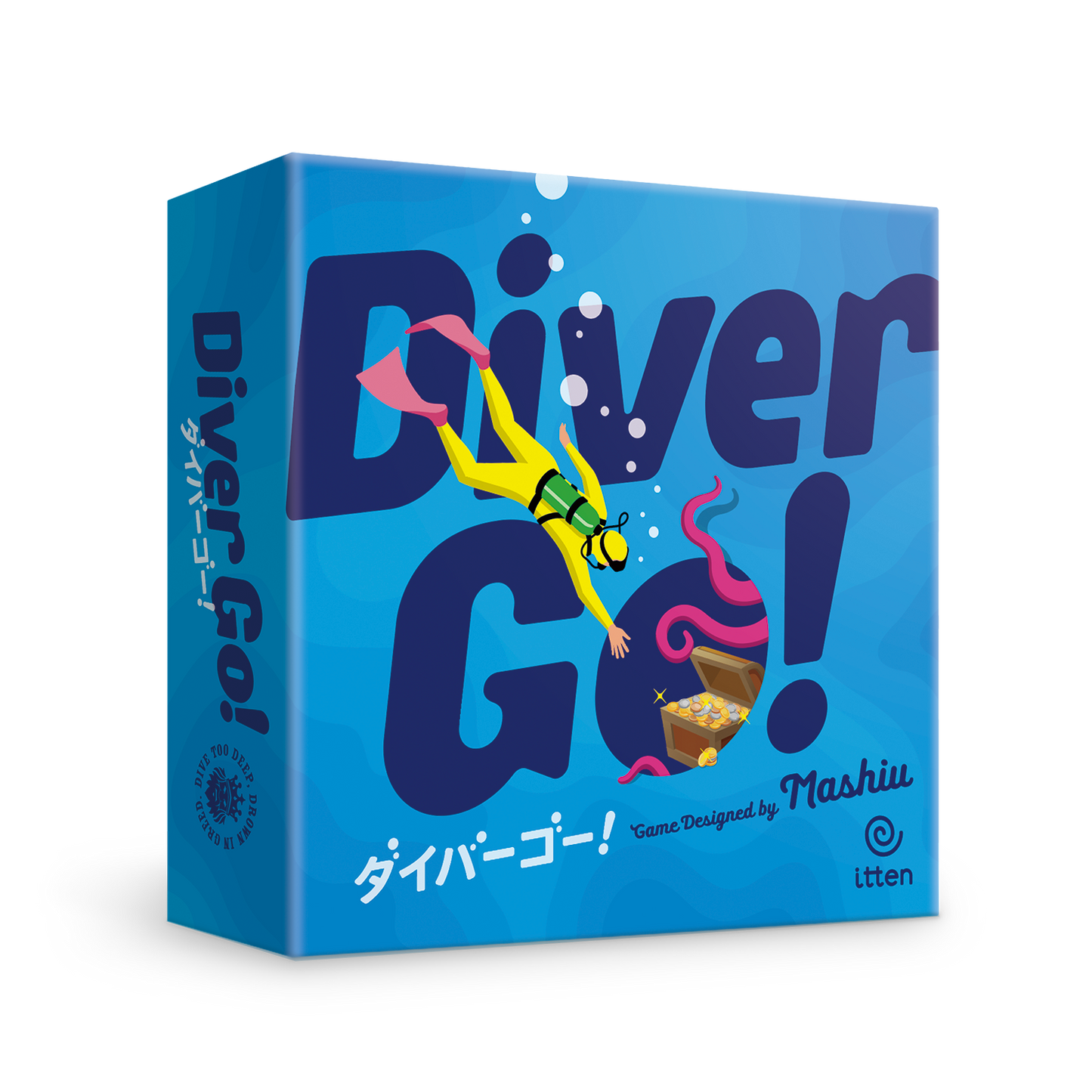 Front cover of Diver Go! board game by itten with treasure-diving artwork.