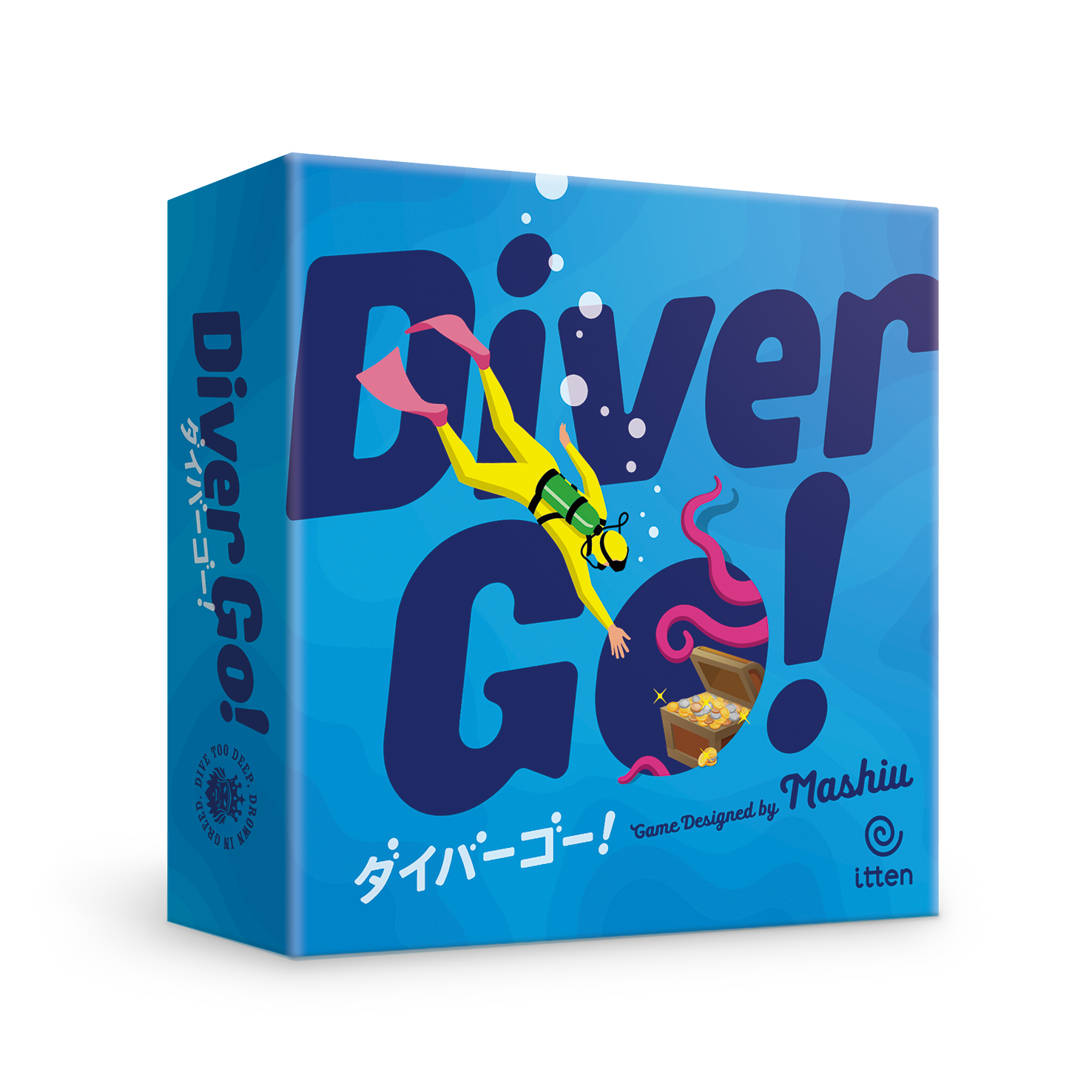 Front cover of Diver Go! board game by itten with treasure-diving artwork.