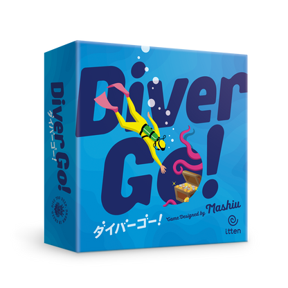Front cover of Diver Go! board game by itten with treasure-diving artwork.