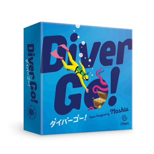 Front cover of Diver Go! board game by itten with treasure-diving artwork.