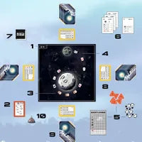 Players collecting Mission cards and capturing space photography in Earthrise, the Apollo 8 strategy board game.