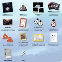 All components of Earthrise, including Mission cards, Maneuver tokens, Alert markers, and Honors track.