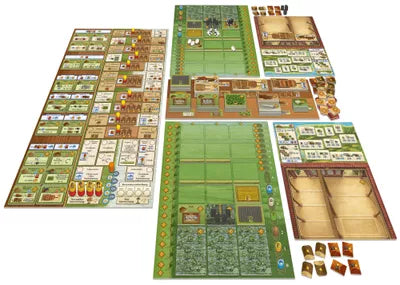 Fields of Arle game components player boards and wooden pieces