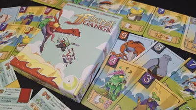 All components of Forest Gangs, including fantasy creature cards and player aids.