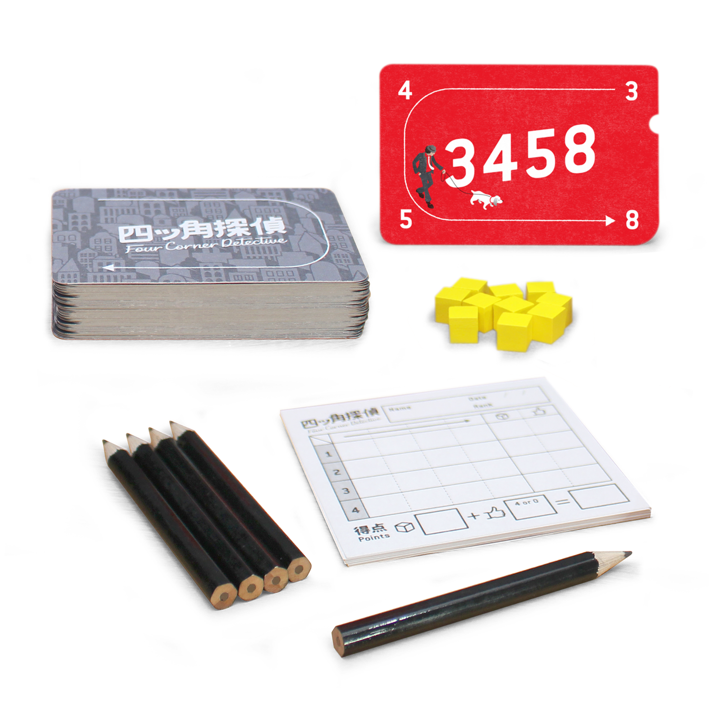 All Four Corner Detective components including corner cards, scoring sheets, and pencils.