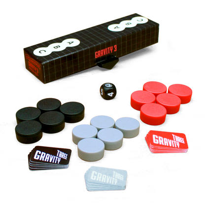 All Gravity Three components including weights, dice, tower pieces, and rulebook.