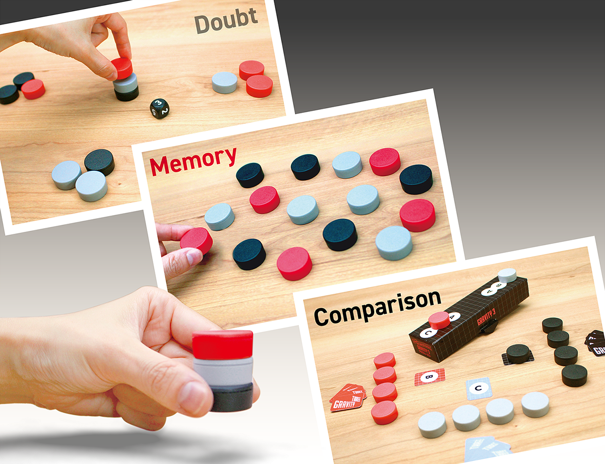 Players balancing, bluffing, and testing memory in a session of Gravity Three.