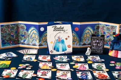 All Hanbok Runway components including fabric and style cards, influence tokens, and scoring markers.