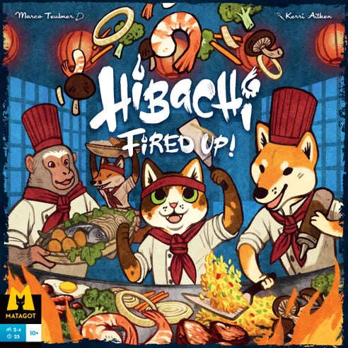 Front cover of Hibachi: Fired Up!, featuring vibrant animal chef artwork and a sizzling grill scene.