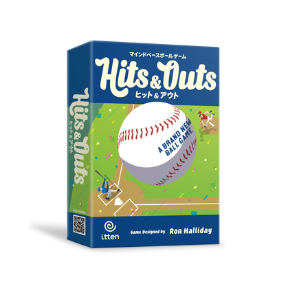 Front cover of Hits & Outs board game by itten featuring baseball artwork.