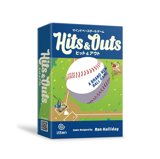 Front cover of Hits & Outs board game by itten featuring baseball artwork.