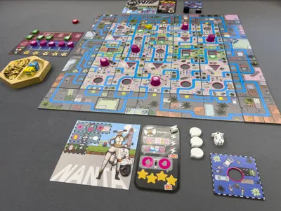 Players racing to pick up and deliver goods as Ojek drivers in Jakarta Traffic, the strategic city board game.