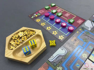 All components of Jakarta Traffic, including modular street tiles, goods tokens, order cards, and driver pawns.