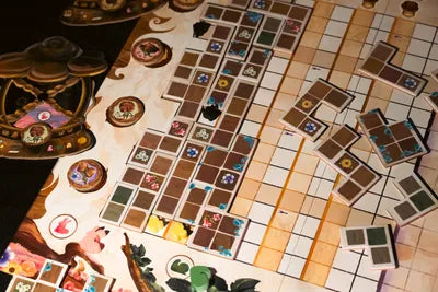Players placing tiles and activating abilities in Last Lantern, the cooperative puzzle game from Taiwan.