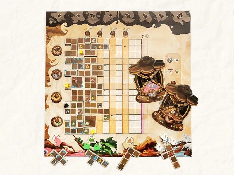 All components of Last Lantern, including polyomino tiles, tokens, animal meeples, and player boards.
