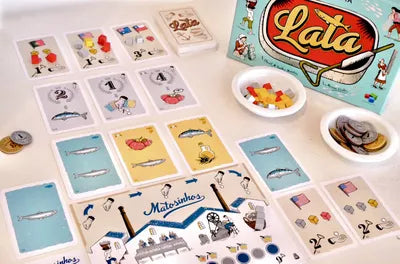 All components of Lata, including individual boards, fish tokens, tomato and olive oil markers, action disks, and scorecards.