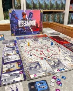 Liberation board game components cards and dice layout
