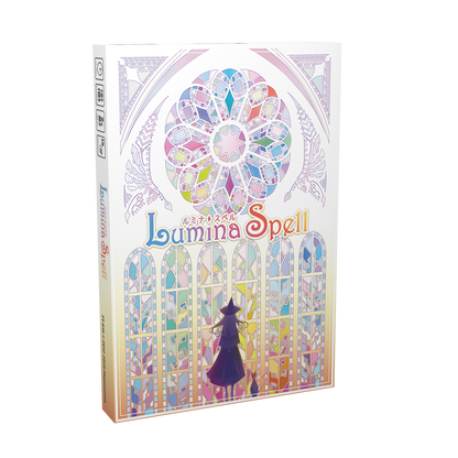 Front cover of Lumina Spell board game by PhantomLab featuring stained-glass fantasy artwork.
