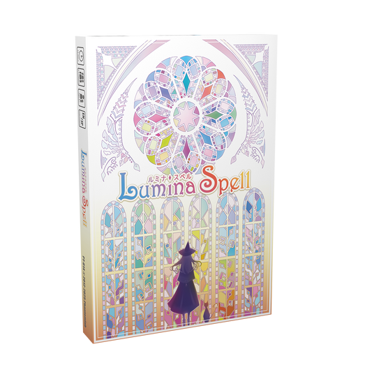 Front cover of Lumina Spell board game by PhantomLab featuring stained-glass fantasy artwork.