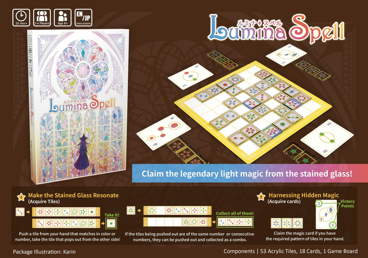 Players pushing and matching stained-glass tiles to gain magic cards in Lumina Spell.