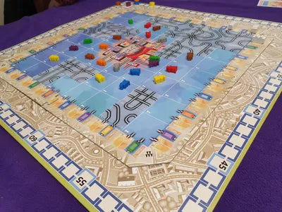 Players building subway routes and connecting cities in Metro: City Edition – Deluxe Big Box, the deluxe train board game.