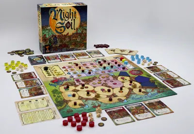 All components of Night Soil, including waste cubes, laborer cards, city maps, and tokens.