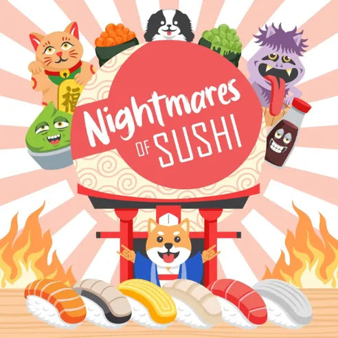 Front cover of Nightmares of Sushi board game by Good Spirit Games featuring dreamlike sushi artwork.