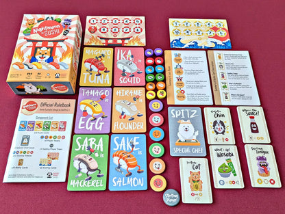 All Nightmares of Sushi components including Sushi cards, Ability cards, tokens, and score markers.