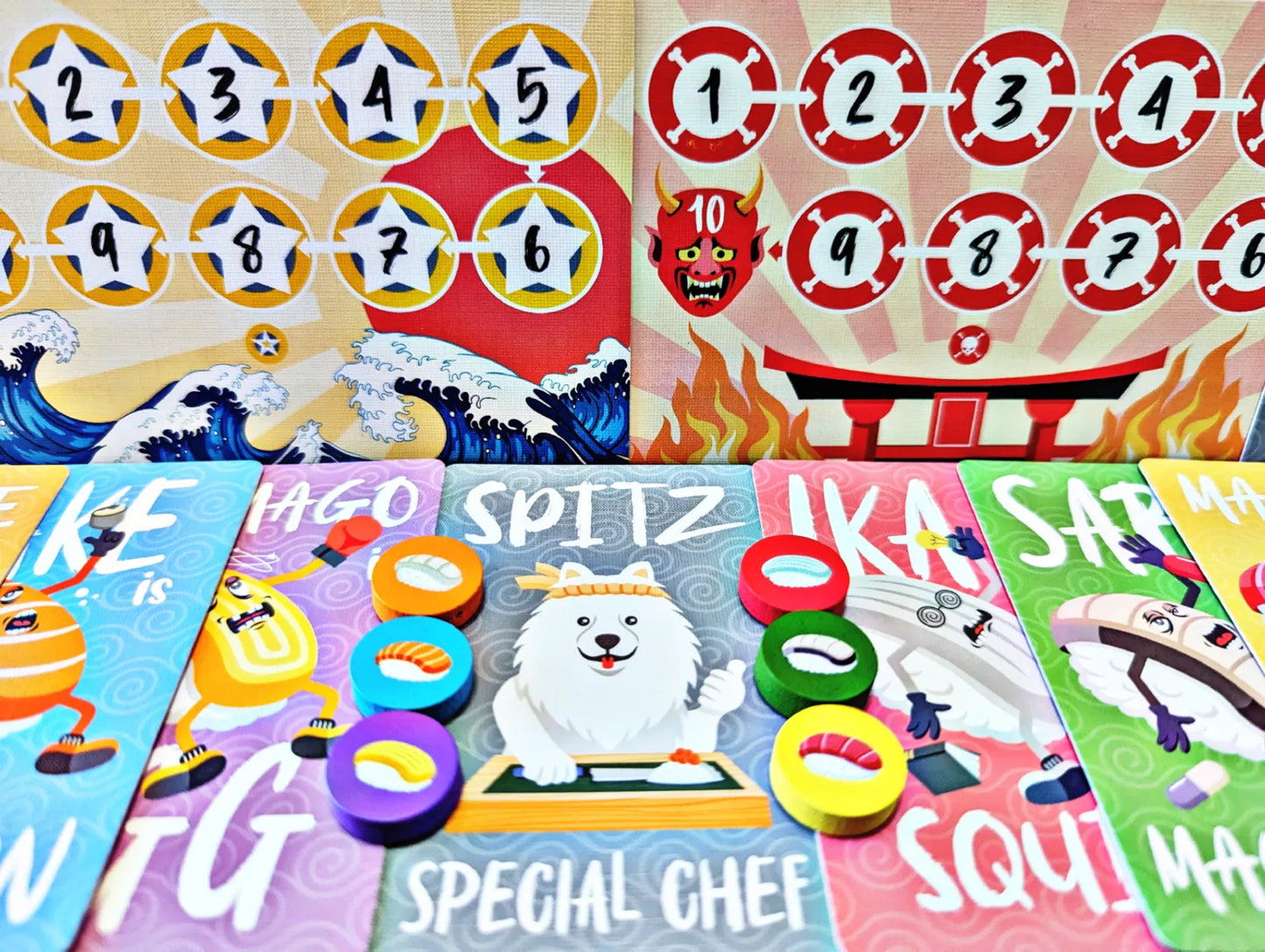 All Nightmares of Sushi components including Sushi cards, Ability cards, tokens, and score markers.