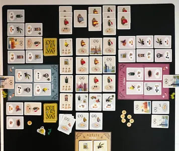 Players harvesting, pressing, and selling olive oil in Oliva, the strategic Mediterranean farming game.
